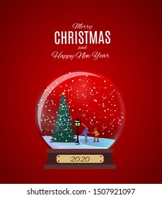 Merry Christmas and Happy New Year Background with Little Town in retro Style. Vector Illustration EPS10
