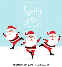Merry Christmas and happy new year greeting card with cute Santa Claus and ice skating. Holiday cartoon character vector. Lettering calligraphy hand written.