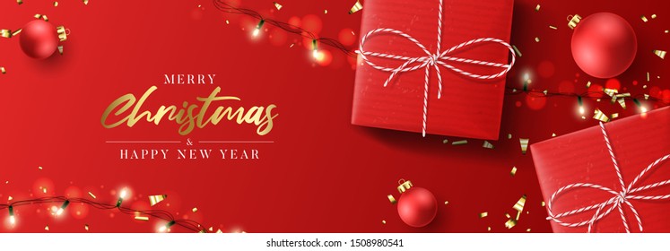 Merry Christmas and Happy New Year holiday card. Holiday background with realistic red gift boxes and sparkling light garlands. Vector illustration with balls and golden confetti.