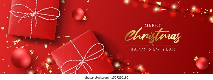 Merry Christmas and Happy New Year holiday banner. Holiday background with realistic red gift boxes and sparkling light garlands. Vector illustration with balls and golden confetti.