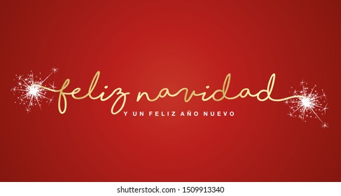 Feliz Navidad y Feliz Año Nuevo 2020 Letras escritas a mano en español tipografía brillante fuegos artificiales fondo blanco rojo