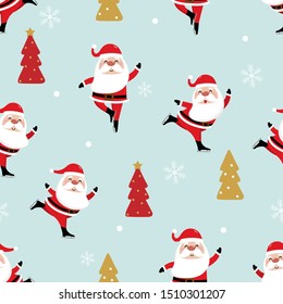 Merry Christmas and happy new year greeting card background. Santa Claus, tree and ice skating seamless pattern, Holiday cartoon character vector.