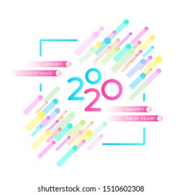 Merry Christmas and Happy New Year 2020. Modern abstract greeting card. The symbolic logo of 2020 with vivid round confetti flying up to the right leaving long trains. Minimalism joyful flat design
