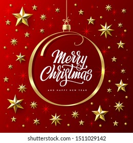 Merry Christmas and Happy New Year. Greeting card Decorated with Golden Ribbon, Stars and Beads on Black Background. Vector illustration