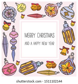 Merry christmas or happy new year greeting card print design. Vector illustration of a square frame with different colorful fir tree decorations and jingle-bells.