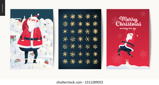 Merry Christmas and Happy New Year greeting cards set - modern flat vector concept illustrations of Santa Claus and Winter Holiday decoration and golden elements, snow and stars