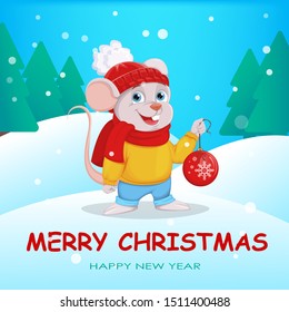 Merry Christmas and Happy New Year. Funny cartoon character mouse stands in winter forest with Christmas tree ball. Vector illustration 