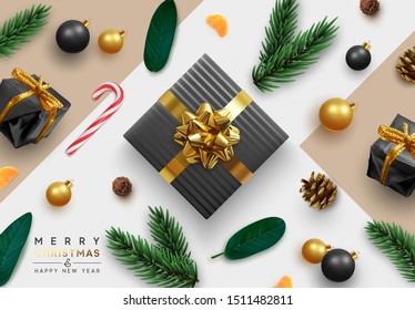 Merry Christmas and Happy New Year. Festive background with realistic design elements. Christmas objects, gift box, decorative pine branches, pine cone, bauble, Xmas ball. flat lay, top view