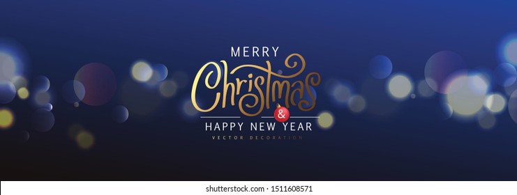 Merry Christmas and Happy New Year Background sparkle blur bokeh effect. banner.Merry Christmas vector text Calligraphic Lettering Vector illustration. 