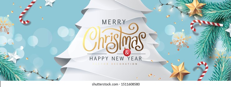 Merry Christmas and Happy New Year background for Greeting cards with tree Branches christmas tree gold paper and gold stars.Merry Christmas vector text Calligraphic Lettering Vector illustration. 