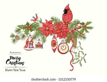 Merry Christmas and Happy New Year greeting card, banner  with traditional winter plants and birds, vintage decoration, red ribbon and. Graphic drawing, engraving style. Vector illustration.	