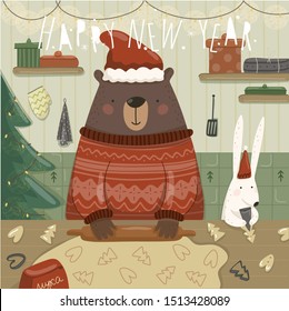 Merry Christmas and a happy new year! Vector illustration of cute animal teddy bear and hare preparing gingerbread cookies for the holiday in the kitchen. Drawing for card, background or poster.
 
