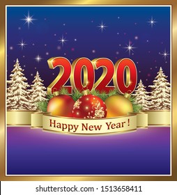 Merry Christmas and Happy New Year, creative design happy new year 2020 with fir trees and Christmas decoration on background of blue starry sky. Vector illustration 