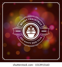 Merry christmas and happy new year text greeting card vintage typographic design, ornate decoration with gift symbol, winter holidays wish, ornament and frame. Vector illustration.