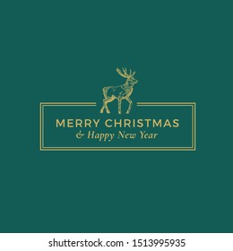 Merry Christmas and Happy New Year Abstract Vector Classy Frame Label, Sign or Card Template. Hand Drawn Deer Sketch Illustration with Vintage Typography. Premium Green Background.