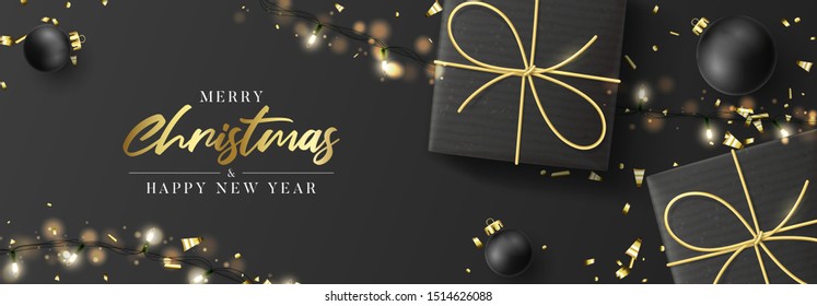 Merry Christmas and Happy New Year horizontal card. Holiday background with realistic black gift boxes and sparkling light garland. Vector illustration with balls and golden confetti.