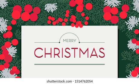 Merry Christmas and Happy New Year Postcard or Poster or Flyer template with spruce branches. Elegant seamless pattern with flowers vector illustration