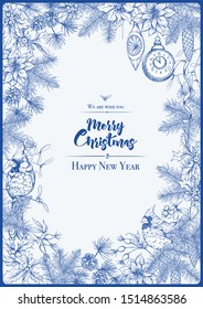 Merry Christmas and Happy New Year greeting card, banner  with traditional winter plants and birds, vintage decoration, ribbon. Graphic drawing, engraving style. Vector illustration.	