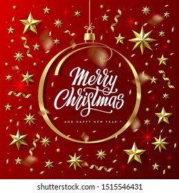 Merry Christmas and Happy New Year. Greeting card Decorated with Golden Ribbon, Stars and Beads on Black Background. Vector illustration