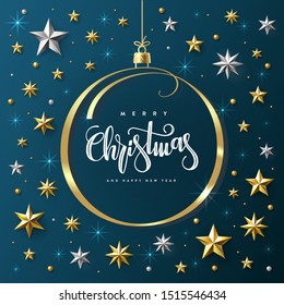 Merry Christmas and Happy New Year. Greeting card Decorated with Golden Ribbon, Golden and Silver Stars and Beads on Black Background. Vector illustration