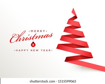 Merry Christmas & Happy New Year celebration greeting card design with xmas tree made by red ribbon on white background.