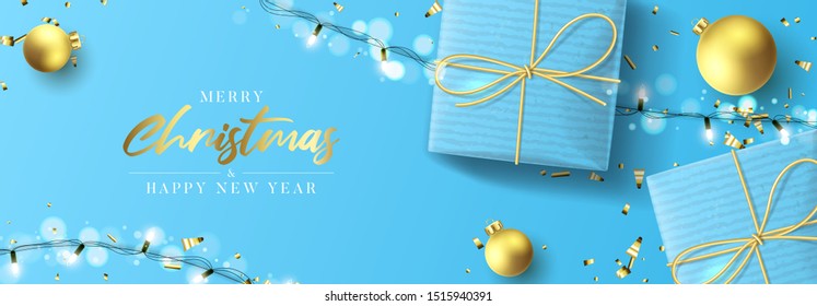 Merry Christmas and Happy New Year festive card. Holiday background with realistic blue gift boxes and sparkling light garlands. Vector illustration with balls and golden confetti.