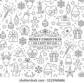 Merry Christmas and Happy New Year. Christmas and Happy New Year hand drawn seamless background. Winter holidays doodle, sketch drawing symbols and icons