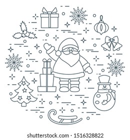 Merry Christmas Happy New Year 2020. Vector illustration  Santa Claus, gifts, bells, Christmas tree, mistletoe, snowman, sleigh, Christmas decorations, snowflakes. Festive background. Design for print