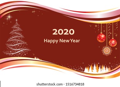 Merry Christmas and happy new year 2020 with Christmas tree and decorations on red background decorated wave. Vector illustration