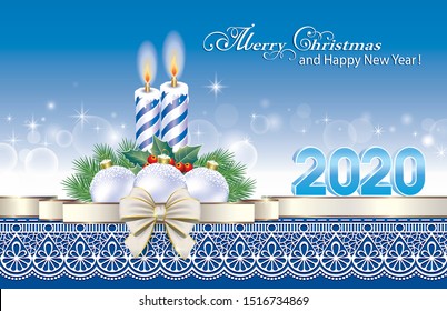 Merry Christmas and Happy New Year 2020 background with burning candles and Christmas decoration.Vector illustration