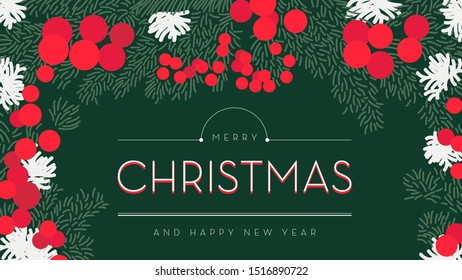 Merry Christmas and Happy New Year Postcard or Poster or Flyer template with spruce branches. Elegant seamless pattern with flowers vector illustration