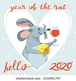 Merry Christmas and Happy New Year greeting card. Cute mouse with cheese, wine and lettering. Rat is Chinese symbol 2020 year. Heart shape frame. Vector illustration.