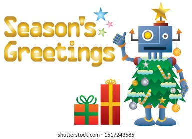 Merry Christmas and Happy New Year greeting card for a Christmas tree-type robot.