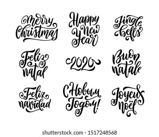 Merry Christmas and Happy New Year lettering set with english, spanish, portuguese, russian, italian, french greetings. Feliz navidad, feliz natal, calligraphic design. Vector illustration.