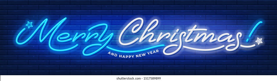 Merry Christmas and Happy New Year text written by luminous neon. Unusual and bright inscription. Brick wall on background. Vector illustration. 