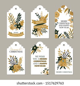 merry Christmas and happy new year labels. gift, present card. winter greeting card. floral winter decoration. flowers tag, decoration