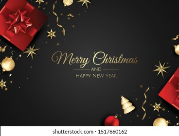 Merry Christmas and Happy New Year. Xmas background with gift box, Snowflakes and balls design.