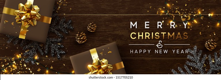 Merry Christmas and Happy New Year. Brown background from wooden boards, snowflakes with glitter sparkle, realistic pine cones, holiday gift boxes. Xmas garlands and gold confetti, presents box