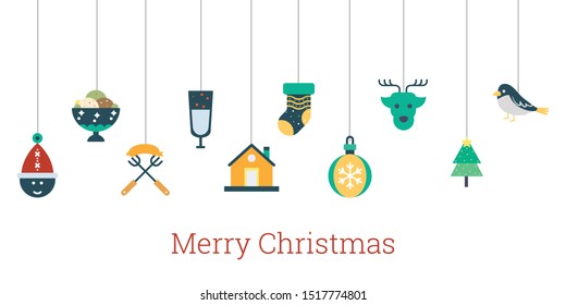 Merry Christmas and Happy New Year - greeting card with hanging ornaments. Vector.