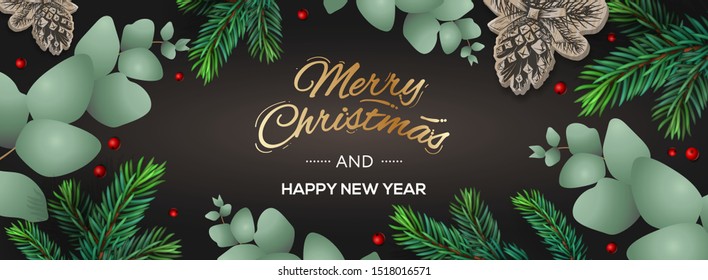 Merry Christmas and Happy New Year poster. Frame with branches eucalyptus,  spruce branches and berries on dark background. Winter background, vector illustration
