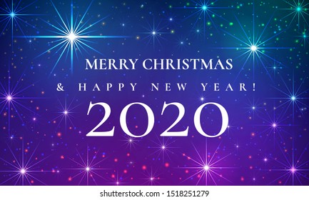 Merry Christmas and Happy New Year 2020 beautiful fairytale greeting card. Holiday greeting lettering on a background of a magical starry sky with shining christmas stars