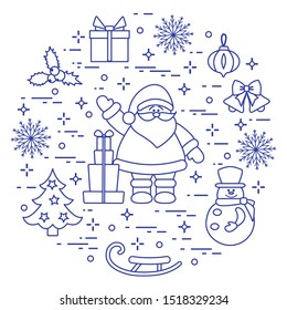 Merry Christmas Happy New Year 2020. Vector illustration  Santa Claus, gifts, bells, Christmas tree, mistletoe, snowman, sleigh, Christmas decorations, snowflakes. Festive background. Design for print