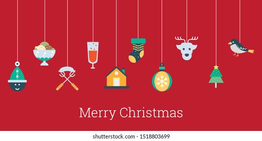 Merry Christmas and Happy New Year - greeting card with hanging ornaments. Vector.