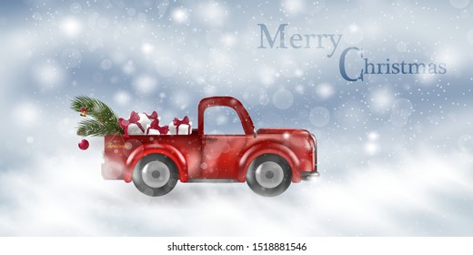 Merry Christmas and Happy New Year with red truck and christmas tree. Snowy forest background. Christmas card with winter landscape, road, retro pickup, xmas tree