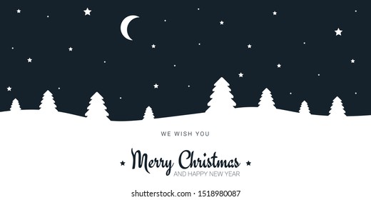 Merry Christmas and Happy New Year greeting card. Winter landscape with Trees, deer and stars