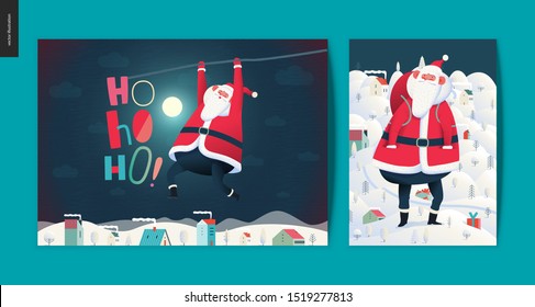 Merry Christmas and Happy New Year greeting cards set - modern flat vector concept illustrations of Santa Claus and Winter Holiday decoration and golden elements, snow and stars