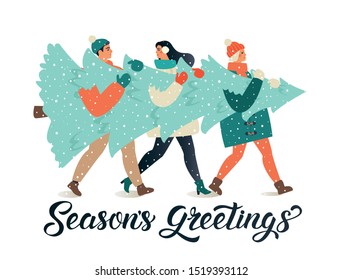 Merry Christmas And Happy New Year Greeting Card. People Group Carrying Big Xmas Pine Tree Together For Holiday Season With Ornament Decoration, Gifts.