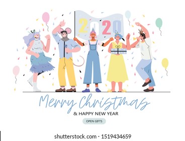 Merry Christmas and happy new year banner, flyer, landing page with people having fun and holding flag with 2020 numbers of the next year. Christmas party with baloons and gifts and smiling people.