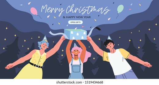 Merry christmas and happy new year banner, flyer, landing page with people open a gift box with a greeting and a surprise. Group of young people on a night starry winter background with fir-trees.