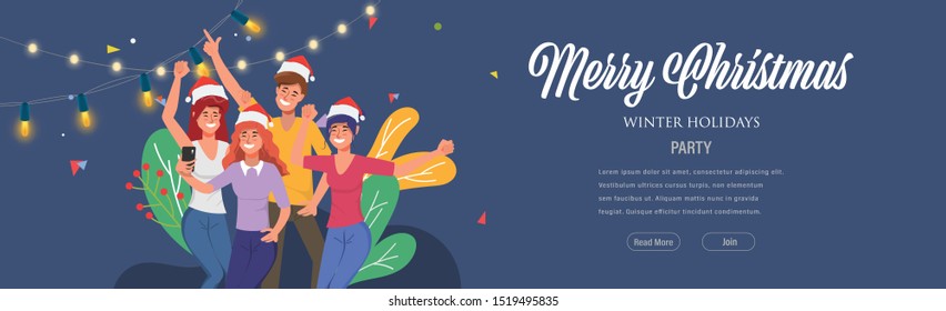 Merry christmas and Happy new year party and wearing santa claus hat. Web Landing page template for winter holidays.